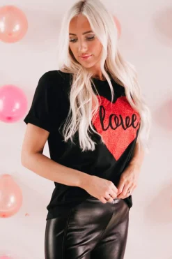 New Dear-Lover Love Heart Shaped Glitter Print T Shirt Black