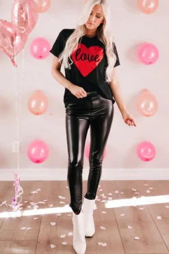 New Dear-Lover Love Heart Shaped Glitter Print T Shirt Black