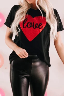 New Dear-Lover Love Heart Shaped Glitter Print T Shirt Black