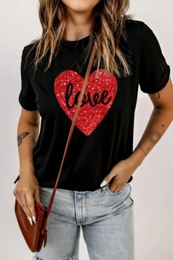 New Dear-Lover Love Heart Shaped Glitter Print T Shirt Black