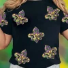 Sale Dear-Lover Maid Gras Sequin Fleur de Lis Graphic T Shirt Black