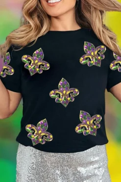 Sale Dear-Lover Maid Gras Sequin Fleur de Lis Graphic T Shirt Black