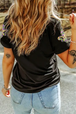 Sale Dear-Lover Maid Gras Sequin Fleur de Lis Graphic T Shirt Black
