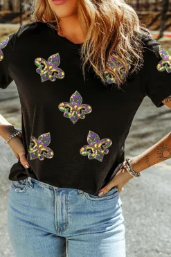 Sale Dear-Lover Maid Gras Sequin Fleur de Lis Graphic T Shirt Black