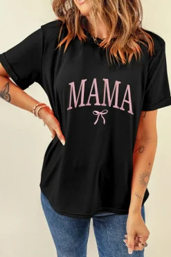 New Dear-Lover MAMA Bow Embroidered Crewneck Tee Black