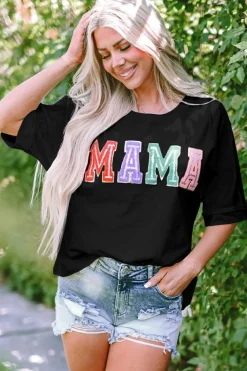 New Dear-Lover MAMA Chenille Patched Crew Neck T Shirt Black