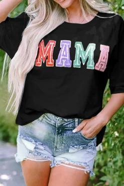 New Dear-Lover MAMA Chenille Patched Crew Neck T Shirt Black