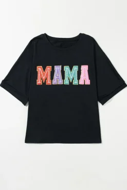 New Dear-Lover MAMA Chenille Patched Crew Neck T Shirt Black