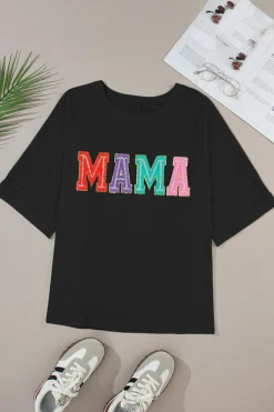 New Dear-Lover MAMA Chenille Patched Crew Neck T Shirt Black