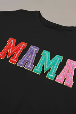 New Dear-Lover MAMA Chenille Patched Crew Neck T Shirt Black