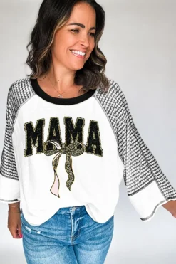 Hot Dear-Lover MAMA Leopard Bow Print Contrast Sleeves Loose Top Black