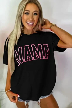 Fashion Dear-Lover MAMA Letter Graphic Neon T Shirt Black