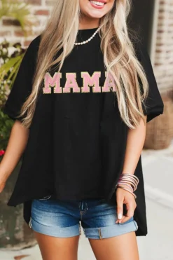 Discount Dear-Lover MAMA Patched Graphic Drop Shoulder Loose Tee Black