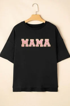 Discount Dear-Lover MAMA Patched Graphic Drop Shoulder Loose Tee Black