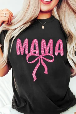 Hot Dear-Lover MAMA Ribbon Bowknot Graphic Crewneck T Shirt Black