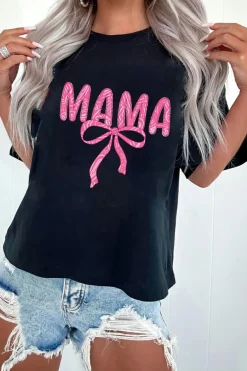 Hot Dear-Lover MAMA Ribbon Bowknot Graphic Crewneck T Shirt Black