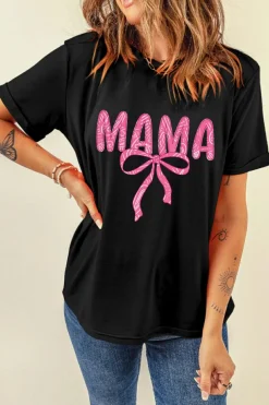 Hot Dear-Lover MAMA Ribbon Bowknot Graphic Crewneck T Shirt Black