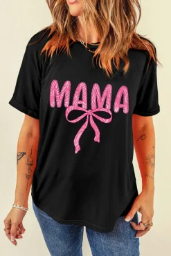 Hot Dear-Lover MAMA Ribbon Bowknot Graphic Crewneck T Shirt Black