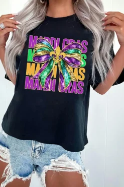 New Dear-Lover MARDI GRAS Fleur de Lis Bowknot Printed Crewneck Tee Black