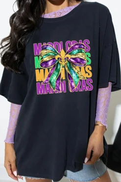 New Dear-Lover MARDI GRAS Fleur de Lis Bowknot Printed Crewneck Tee Black