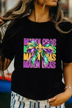 New Dear-Lover MARDI GRAS Fleur de Lis Bowknot Printed Crewneck Tee Black