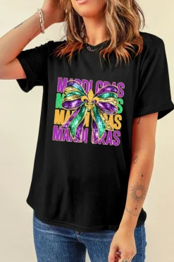 New Dear-Lover MARDI GRAS Fleur de Lis Bowknot Printed Crewneck Tee Black