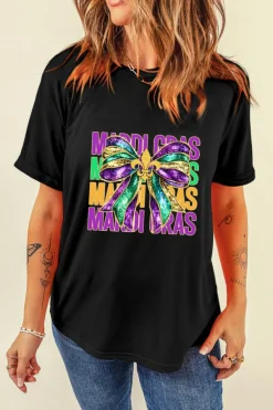 New Dear-Lover MARDI GRAS Fleur de Lis Bowknot Printed Crewneck Tee Black