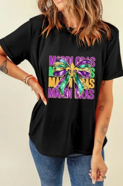 New Dear-Lover MARDI GRAS Fleur de Lis Bowknot Printed Crewneck Tee Black