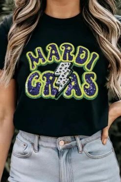 Clearance Dear-Lover MARDI GRAS Lightning Graphic Short Sleeve Top Black