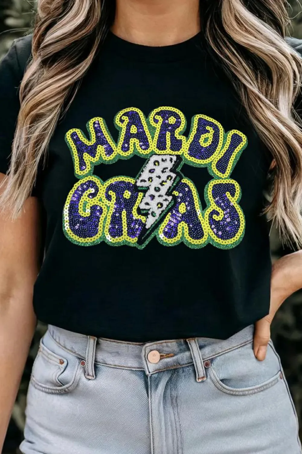 Clearance Dear-Lover MARDI GRAS Lightning Graphic Short Sleeve Top Black