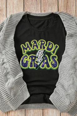 Clearance Dear-Lover MARDI GRAS Lightning Graphic Short Sleeve Top Black
