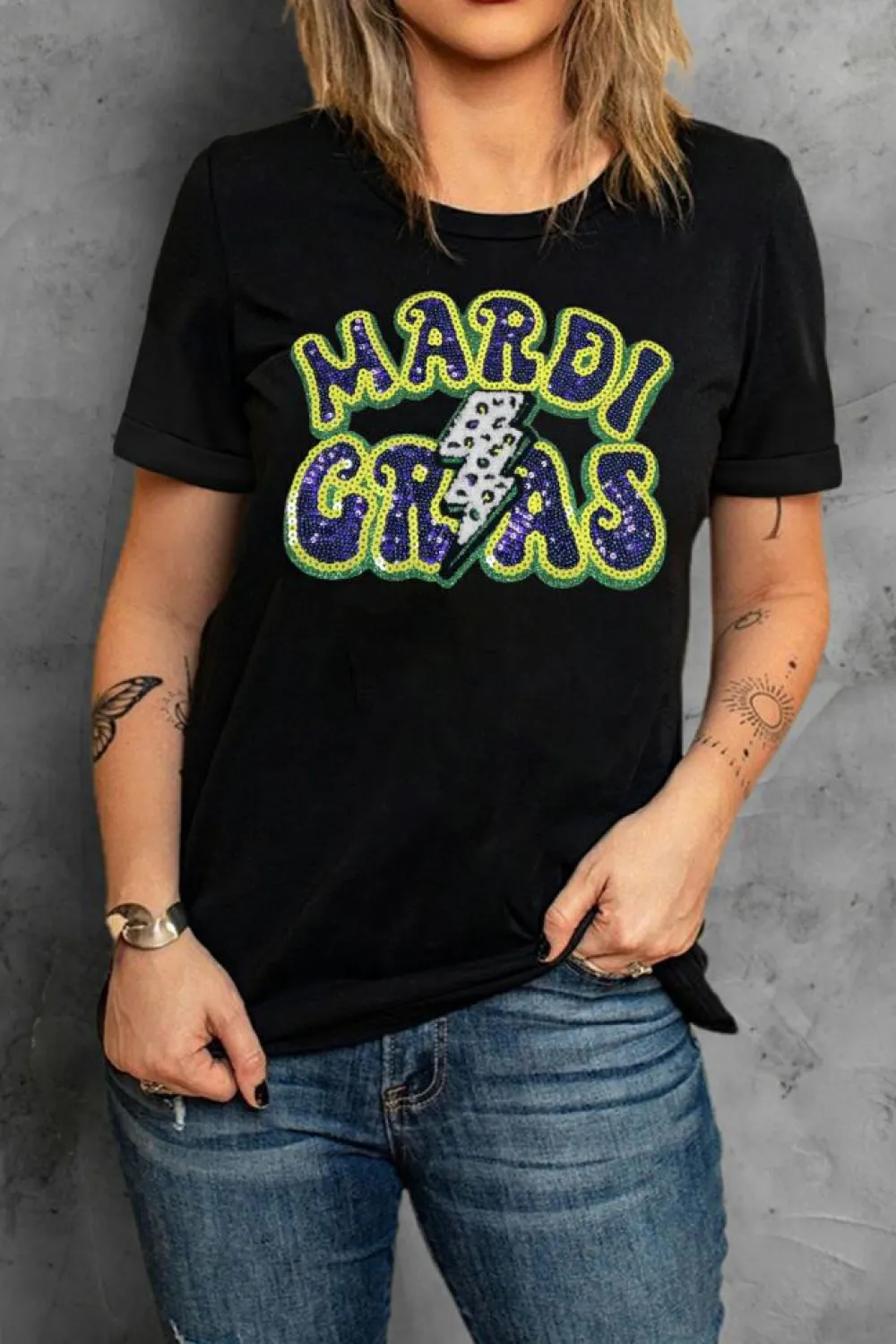 Clearance Dear-Lover MARDI GRAS Lightning Graphic Short Sleeve Top Black