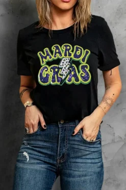 Clearance Dear-Lover MARDI GRAS Lightning Graphic Short Sleeve Top Black