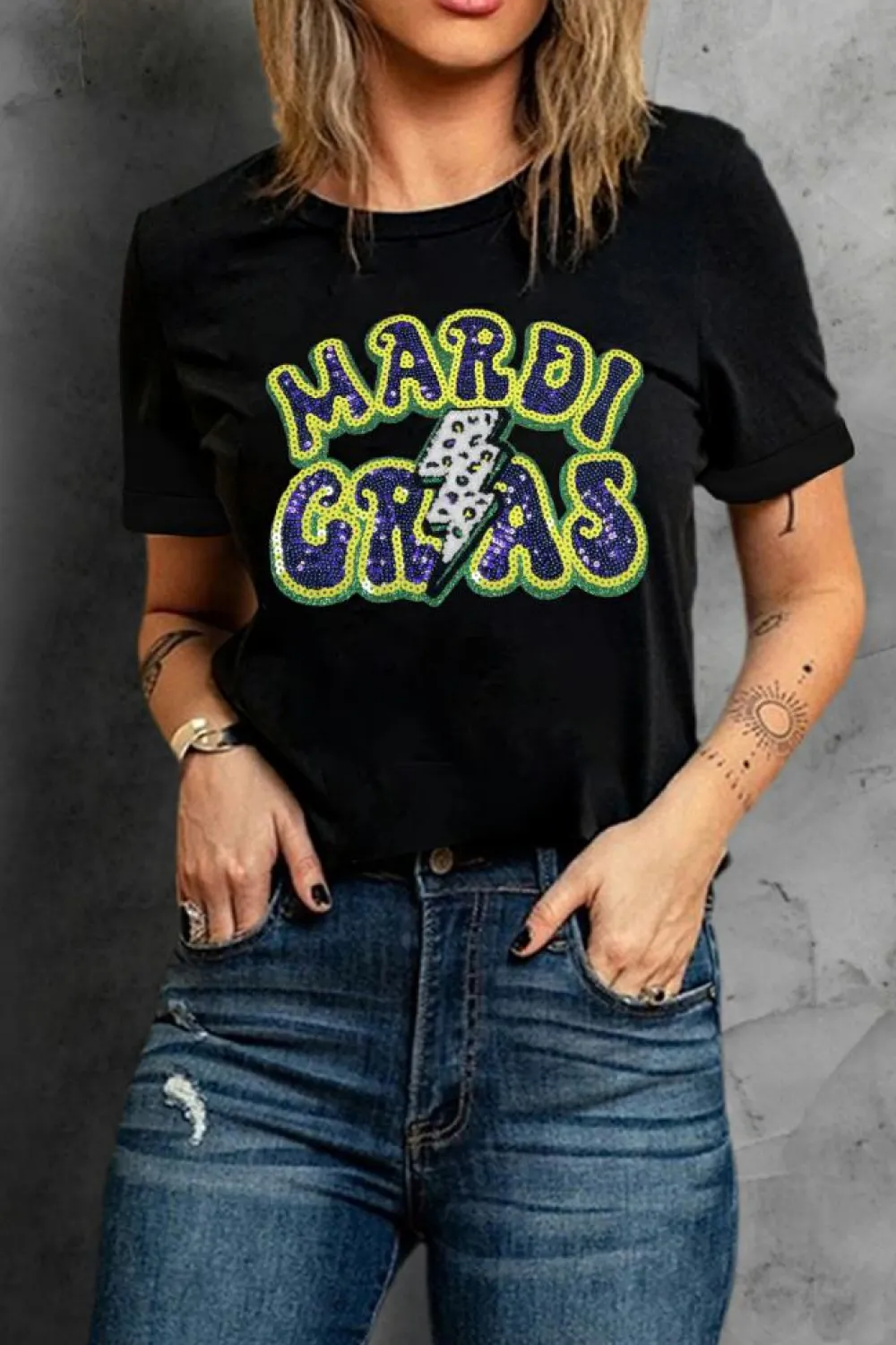 Clearance Dear-Lover MARDI GRAS Lightning Graphic Short Sleeve Top Black
