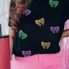 Hot Dear-Lover Mardi Gras Sequin Bow Knot Crew Neck T Shirt Black