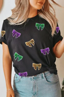 Hot Dear-Lover Mardi Gras Sequin Bow Knot Crew Neck T Shirt Black