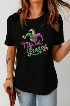 Best Dear-Lover Mardi Gras Sequin Pattern Crew Neck T Shirt Black