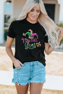Best Dear-Lover Mardi Gras Sequin Pattern Crew Neck T Shirt Black