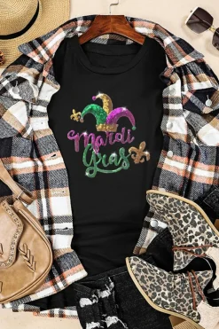 Best Dear-Lover Mardi Gras Sequin Pattern Crew Neck T Shirt Black