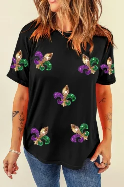 Clearance Dear-Lover Mardi Gras Symbol Patched Crewneck T Shirt Black