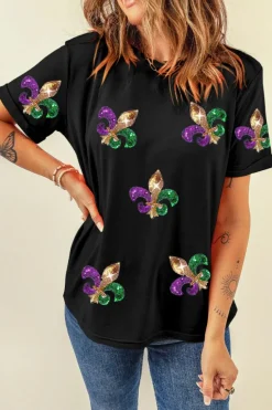 Clearance Dear-Lover Mardi Gras Symbol Patched Crewneck T Shirt Black