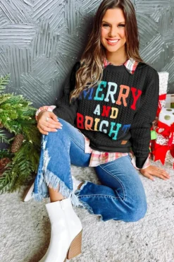 Discount Dear-Lover Merry And Bright Cable Knit Pullover Sweatshirt Black