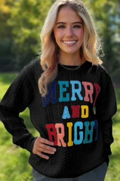 Discount Dear-Lover Merry And Bright Cable Knit Pullover Sweatshirt Black