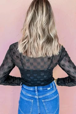 Best Dear-Lover Mesh Bow Pattern Long Sleeve Top Black