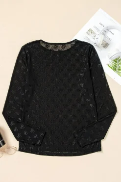 Best Dear-Lover Mesh Bow Pattern Long Sleeve Top Black