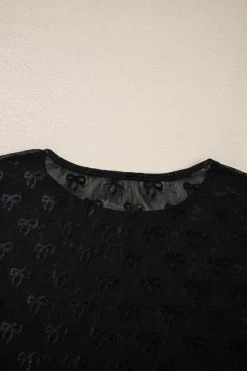 Best Dear-Lover Mesh Bow Pattern Long Sleeve Top Black