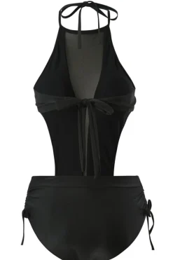 Fashion Dear-Lover Mesh Cutout Ruched Drawstring Monokini Swimsuit Black