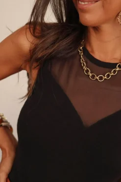 Fashion Dear-Lover Mesh Patchwork Sleeveless Bodysuit Black