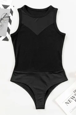 Fashion Dear-Lover Mesh Patchwork Sleeveless Bodysuit Black