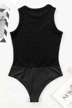 Fashion Dear-Lover Mesh Patchwork Sleeveless Bodysuit Black
